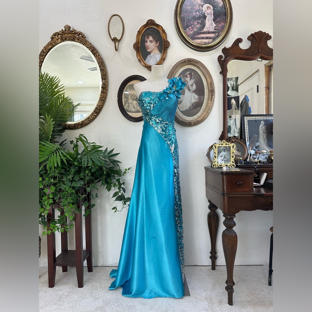 Precious Formals Turquoise One-Shoulder Gown